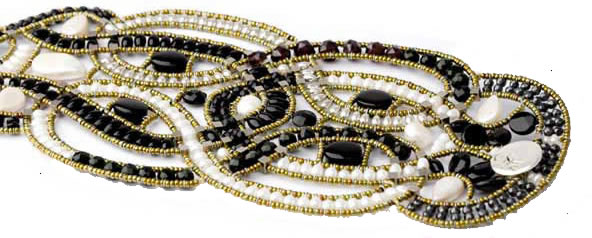 High-fashion, wide black and white statement bracelet is handmade in Italy by Ziio with pearls, black tourmaline and sterling silver.