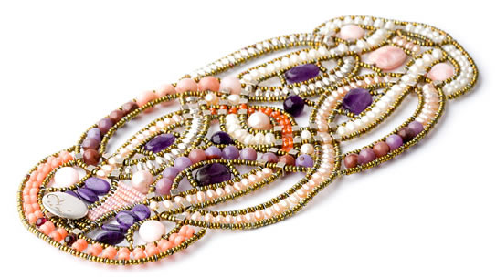 High-fashion artisan Italian statement bracelet is made in Italy by Ziio with pearls, amethusts, pink opal and sterling silver.