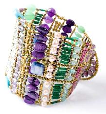 Wide, high-fashion Ziio bracelet handmade with semi-precious stones in purple and green