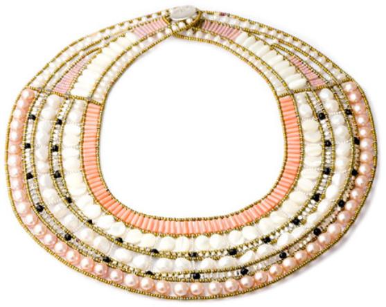 Exquisite pearl statement necklace by Ziio. It is made by Italian artisans with pink pearls, white pearls, mother of pearl, coral, black tourmaline and sterling silver. 
